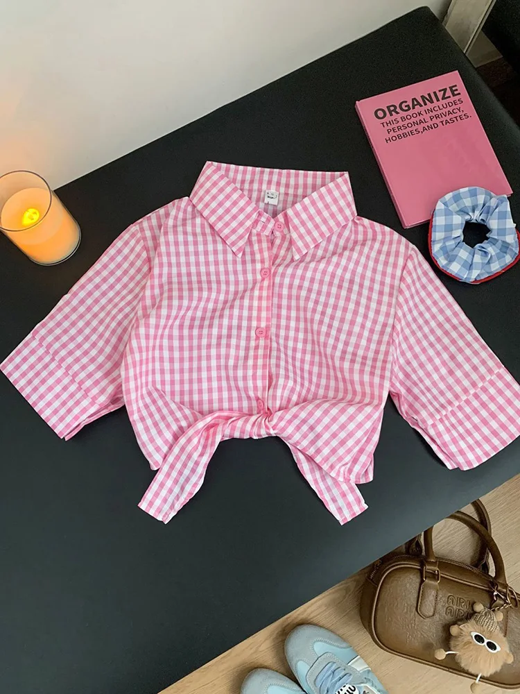 Sexy Cropped Plaid Shirt Women Slim Preppy Style Short Sleeve Design Blouse Fashion Lace Up Sweet Summer Lady Korean Casual Tops - view 4