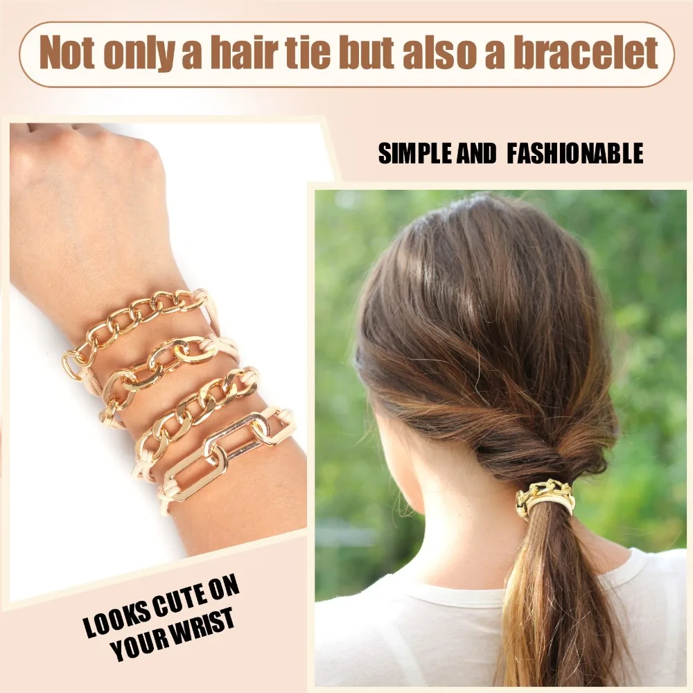 4pcs Nice Metal Chain Hair Rope Electroplated Alloy Rubber Band Hair Band Bracelet Hair Ties Women