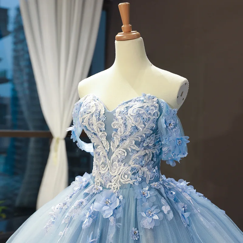 New Luxury Sky Blue Lace Quinceanera Dresses Sweetherts Tulle Party Vestidos 15 Anos Flowers Vintage Ball Gown Quinceanera Gown