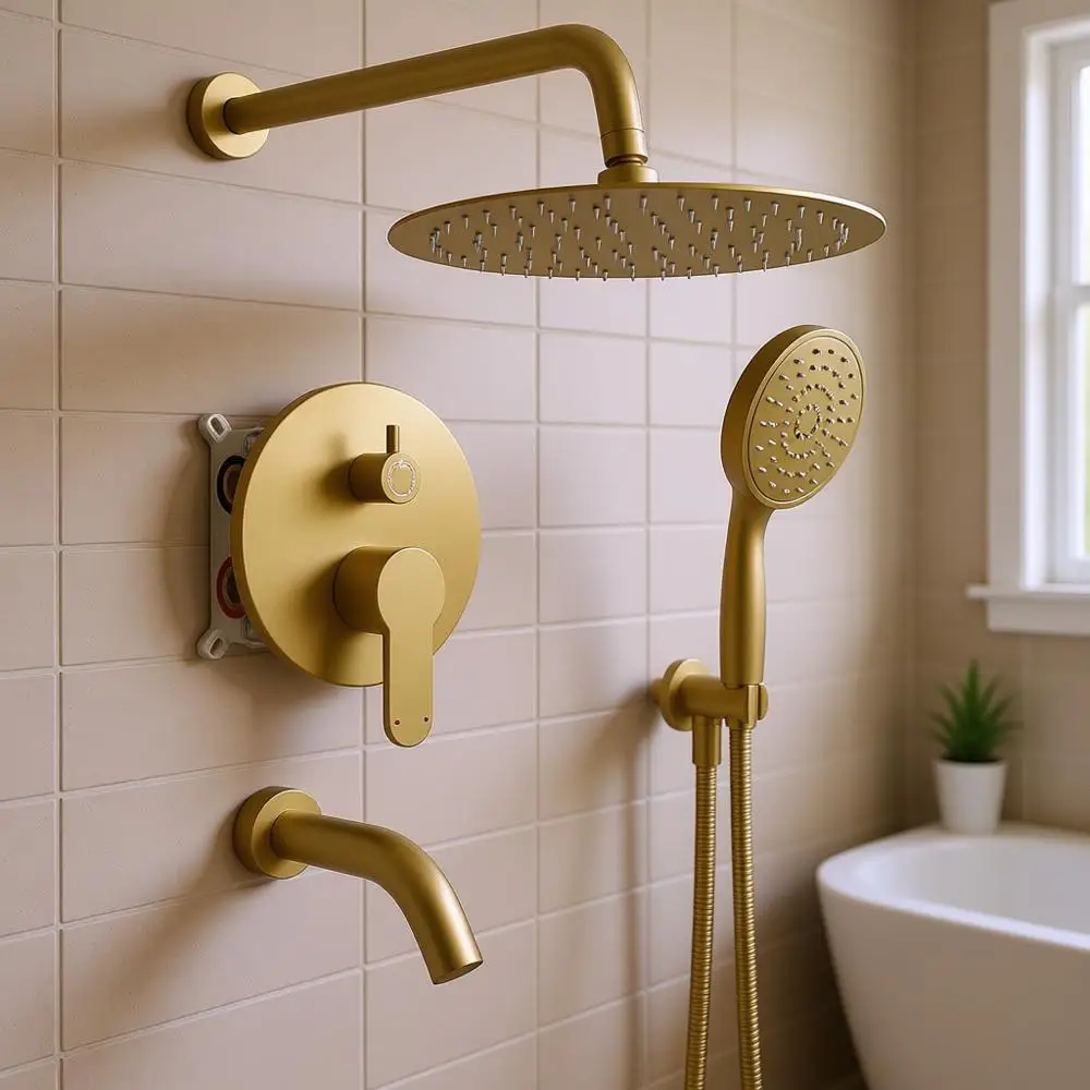 

Shower System with Tub Spout, 10-Inch Rain Shower, Handheld Shower, Shower Faucet Trim, Wall Mounted Combo Set, Gold
