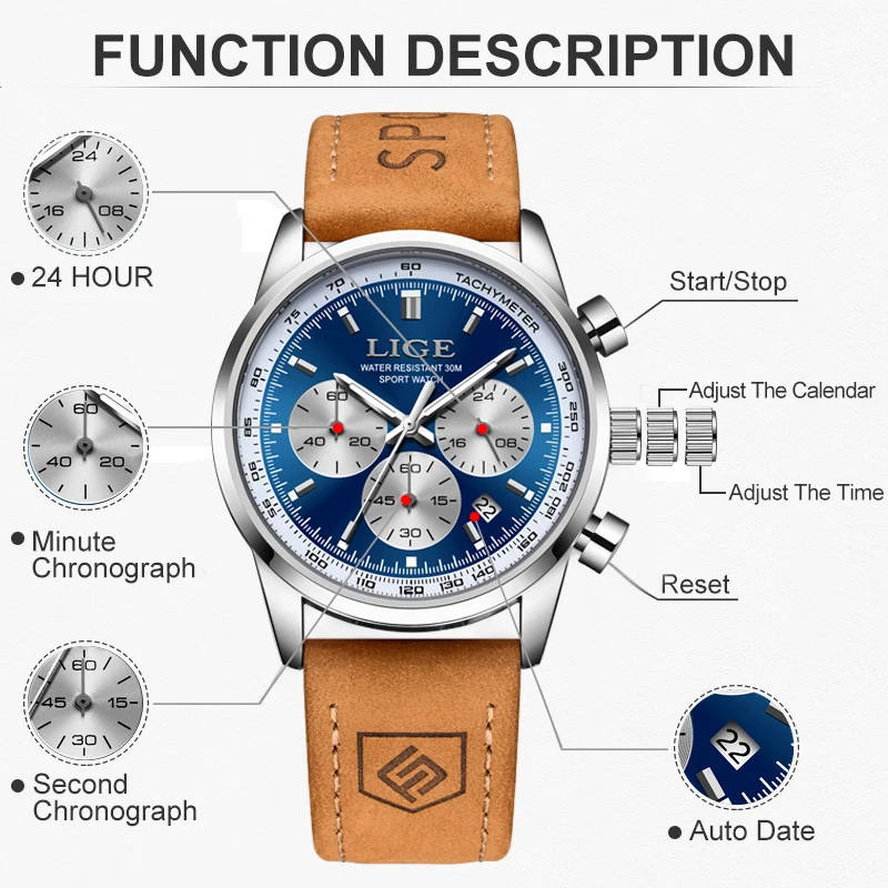 LIGE Fashion Waterproof Chronograph Luminous Watch For Men Leather Men Quartz Wristwatches Top Brand Luxury Sport Men Watch