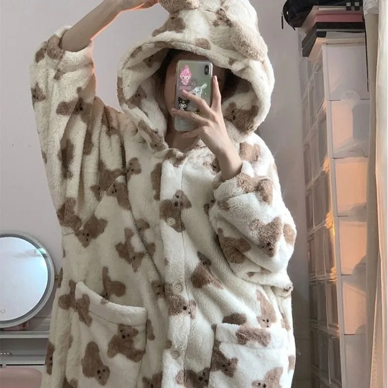 

Новый женский халат с капюшоном, толстая фланелевая теплая домашняя одежда, длинная юбка для сна, мягкая повседневная пушистая пижама с милым медведем