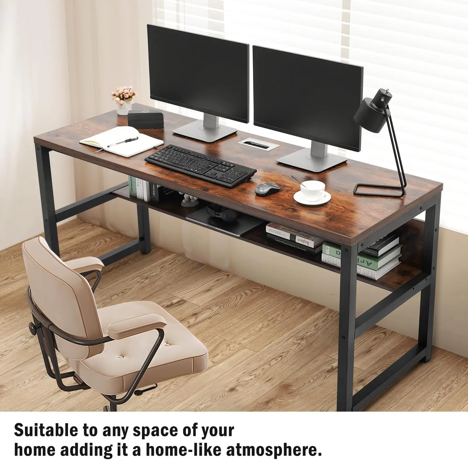 TOPSKY Computer Desk with Bookshelf/Metal Hole Cable Cover 1.18" Thick Desk (Rustic Brown, 63")