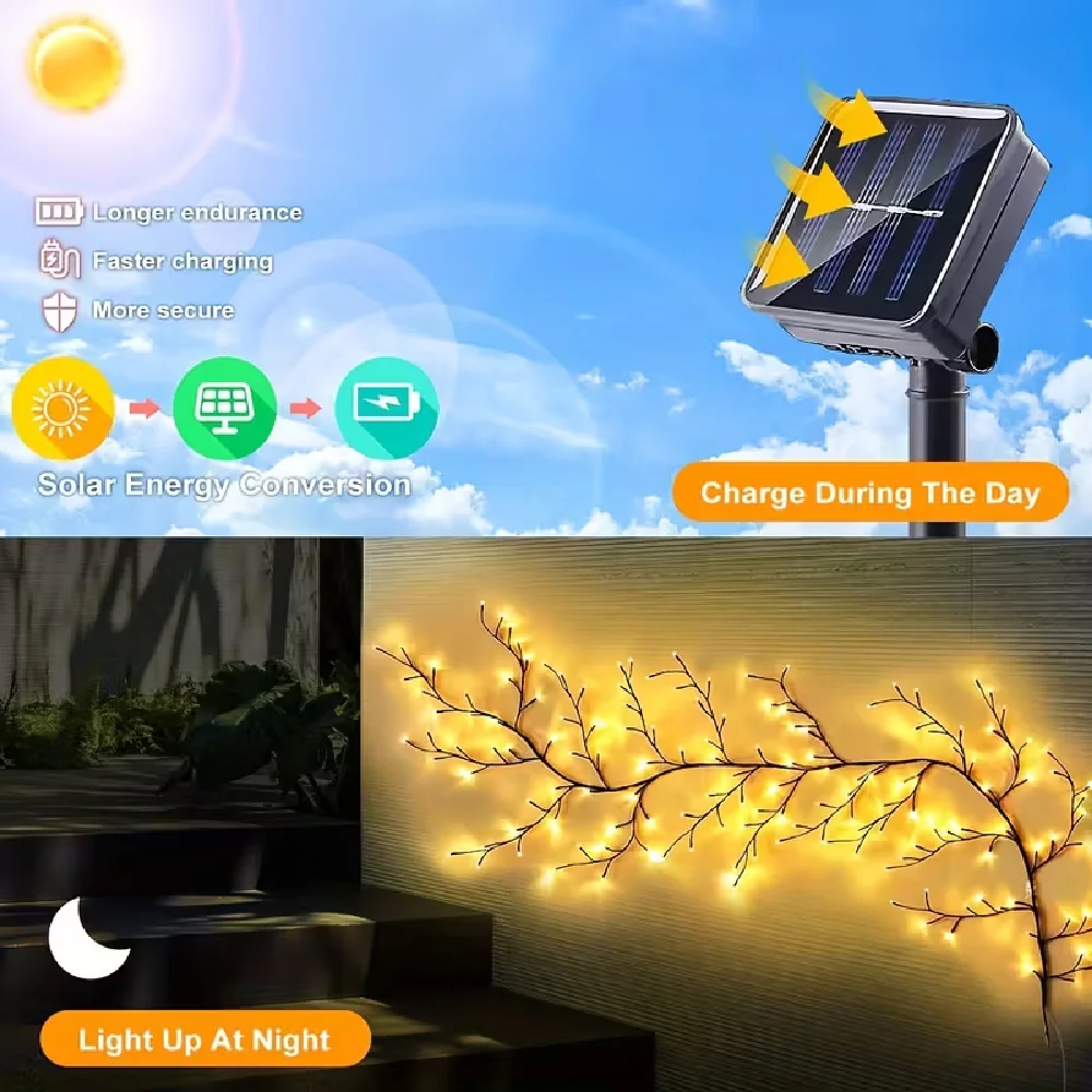 Outdoor Solar-Powered Vine Lights Flexible Vine Branch Lights Indoor Outdoor Willow Branch Lights DIY Christmas Holidays Decor