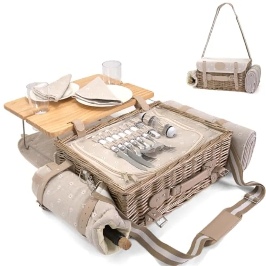 

Multifunctional Wicker Picnic Basket Set for 2 with Blanket and Picnic Table Insulated Picnic Set with Full Tablewares for Camp