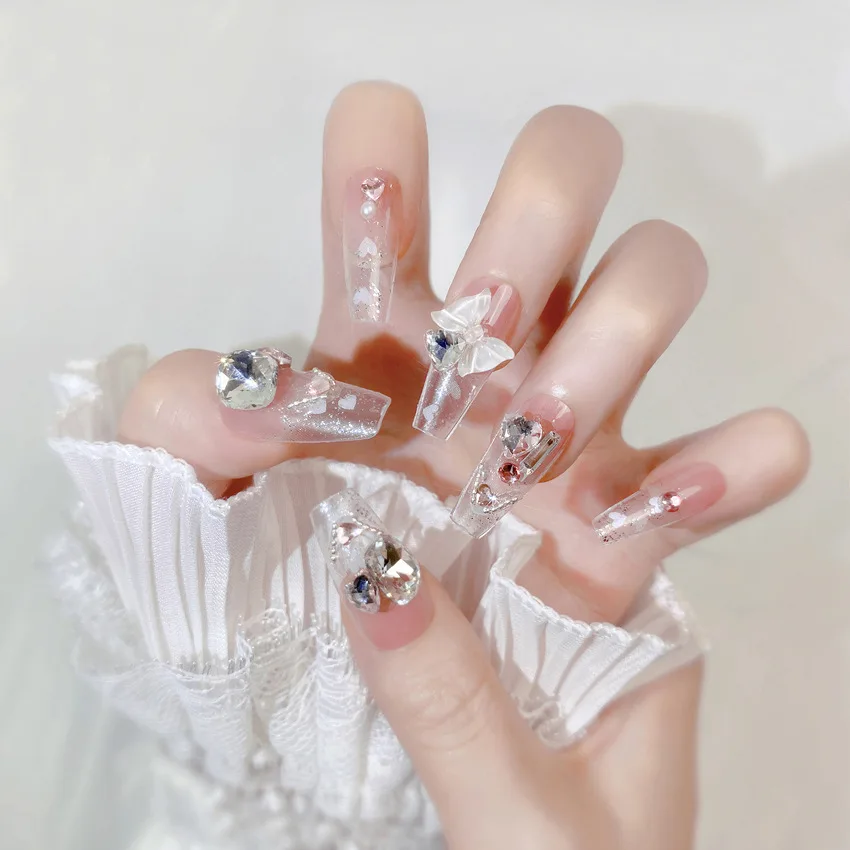 24개 하트 리본 프렌치 프레스온 네일 글리터 핑크 아크릴 네일 팁 아트 코핀 롱 풀커버 탈부착 가능 인조 네일 매니큐어