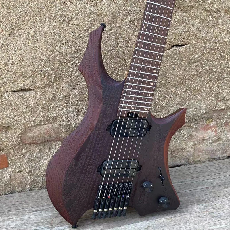 7 String Brown Headless Electric Guitar Fanned Frets, 9 Piece Roasted Maple Neck, Passive Pickups Jumbo Stainless Steel Frets