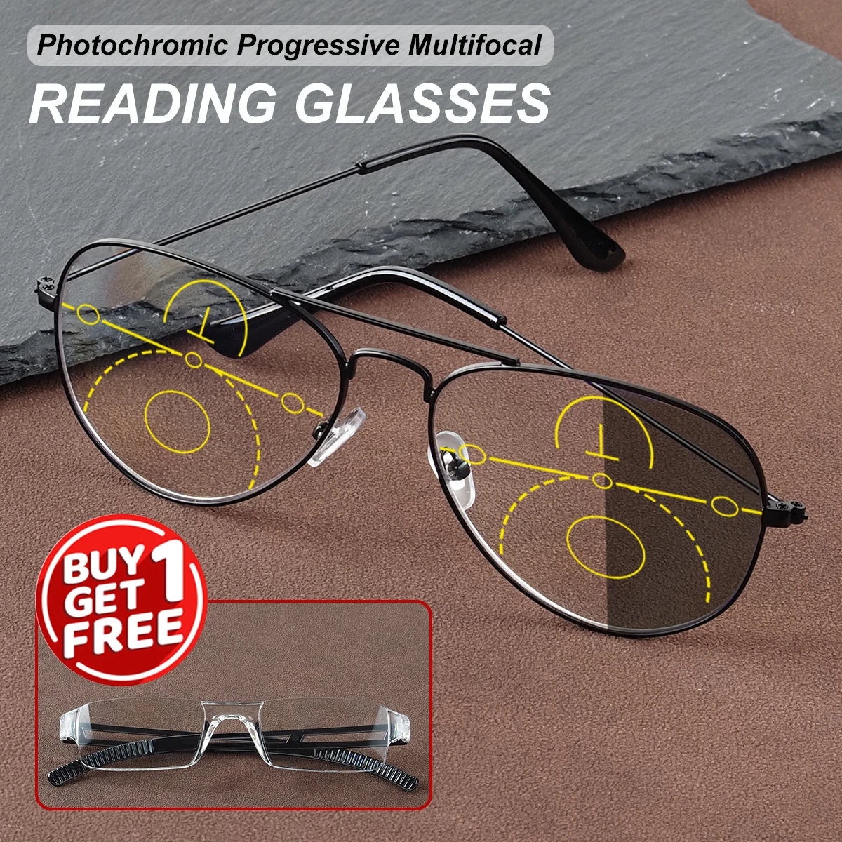 Photochrome, progressive multifokale Lesebrille, inklusive 1 kostenloser integrierter Presbyopie-Brille, Unisex-Stil.
