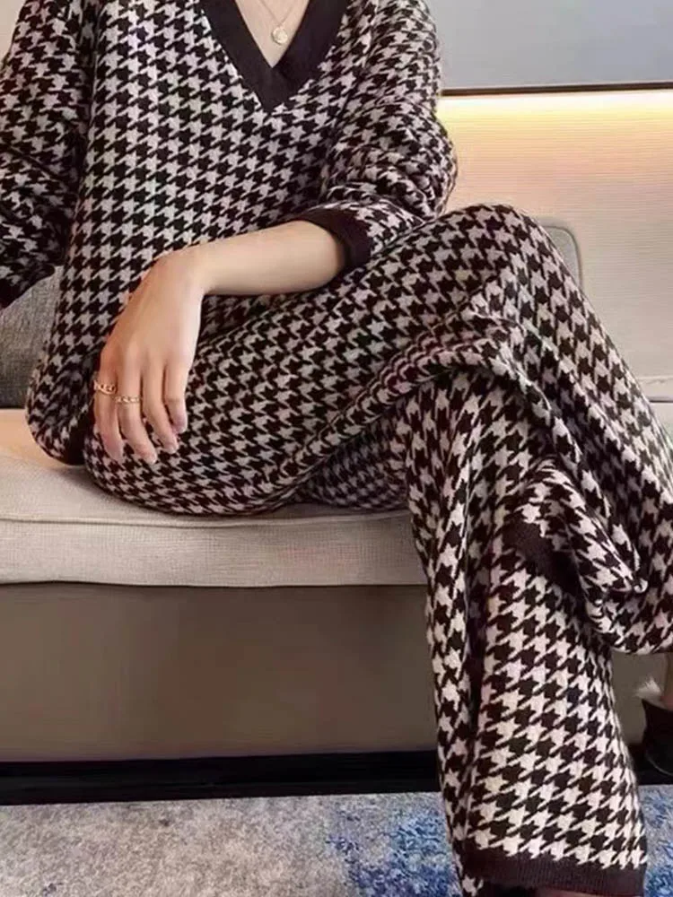 Casual V-Neck Houndstooth Loose Knit Sweater+Wide Leg Pants Two-Piece Set 2024 New Fashionable Women'S Clothing