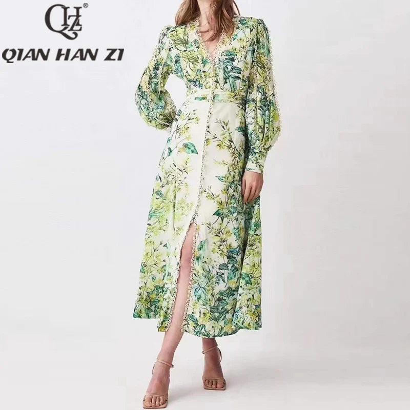 

QHZ Designer Elegant party dresses for women V-neck lantern sleeves Vintage Amazing print Single Breasted vacation Long dress