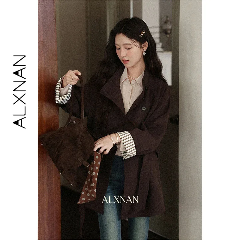 ALXNAN Brown Short Trench Coat Women Autumn Elegant Casual Loose-fit Windbreaker 2026 Fashion Elegant Female Outerwear L57029