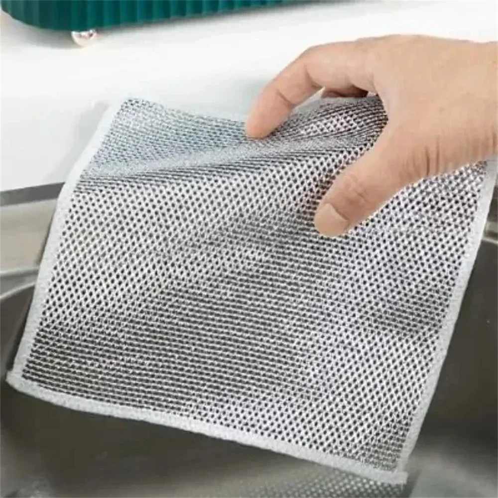 10 Stück magisches Geschirrtuch mit Silberdraht, integriertem Schwamm, verdickte Mikrofaser, Küchenreinigungstuch, Stahl-Peeling-Kugel, vielseitig einsetzbar – Detail 4