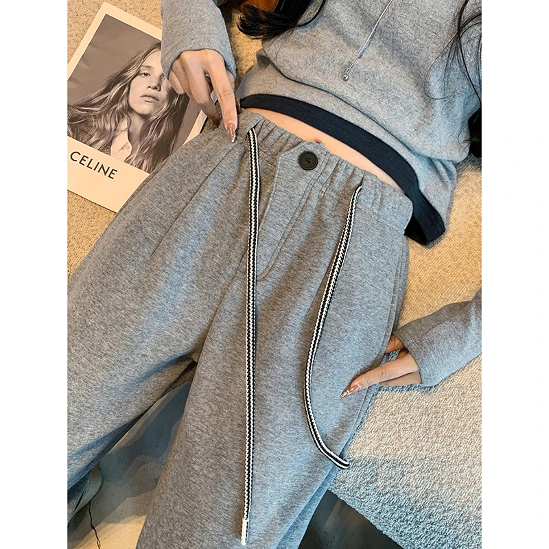 

Американские широкие брюки с эластичной резинкой на талии для женщин, утепленные флисовые теплые брюки, осень-зима, шикарные уличные прямые брюки на пуговицах