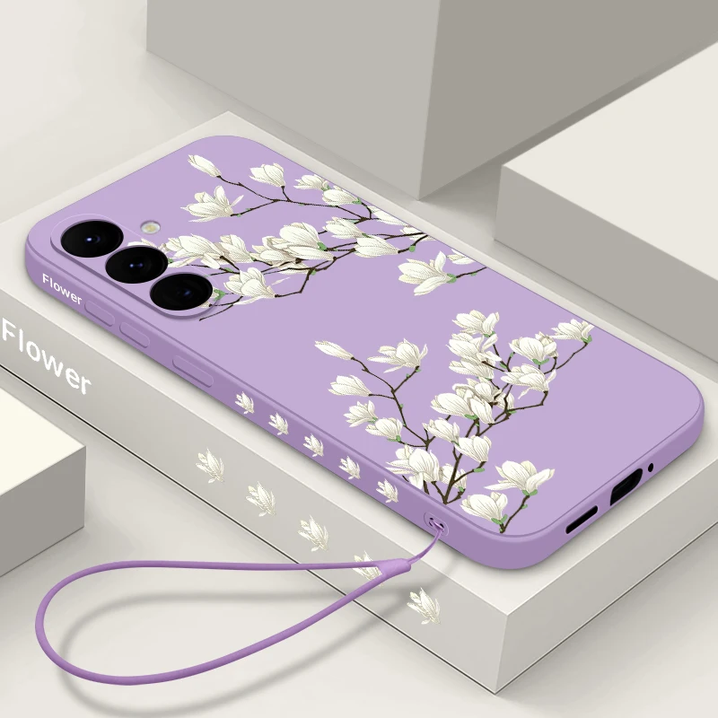 Magnolia Flower Lanyard Case For Samsung Galaxy S22 S23 S24 Ultra S21 S20 S23 FE A55 A52 A53 A54 A35 5G Soft TPU Phone Cover