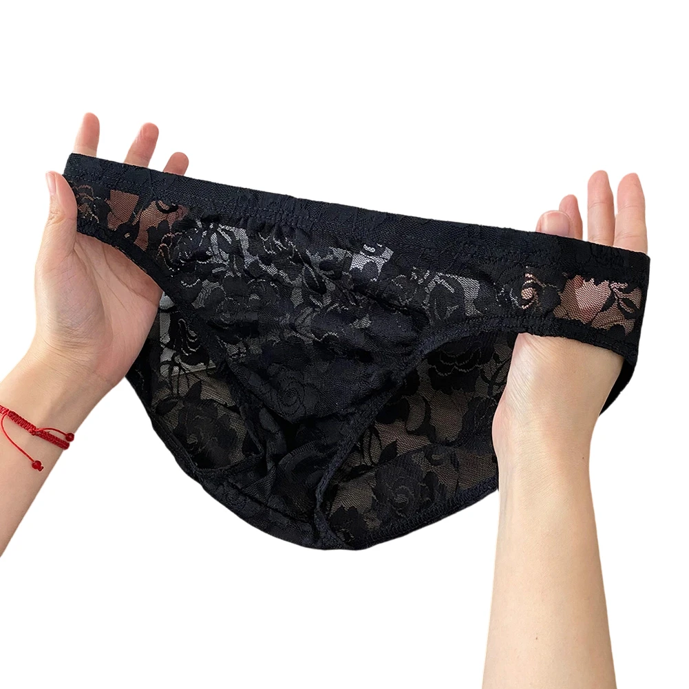 Mens See Through Lace Underwear Pouch Briefs Low Waist Hollow Japanese Thongs Mesh Breathable Lingerie Extreme Men's Panties