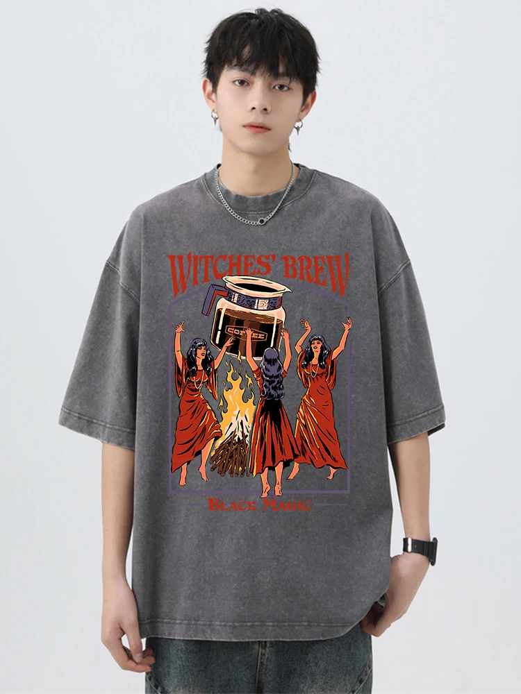 Witches Brew Coffee Black Magic Washed Retro Male Tops Loose Street T-Shirt Summer Casual Cotton Tshirt Oversized Loose Tees