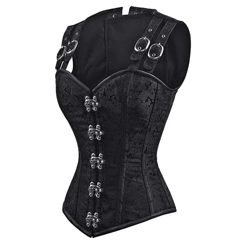 Women Gothic Steampunk Overbust Corset with Shoulder Strap Steel Boned Bustier Tops Halloween Pirate Costume