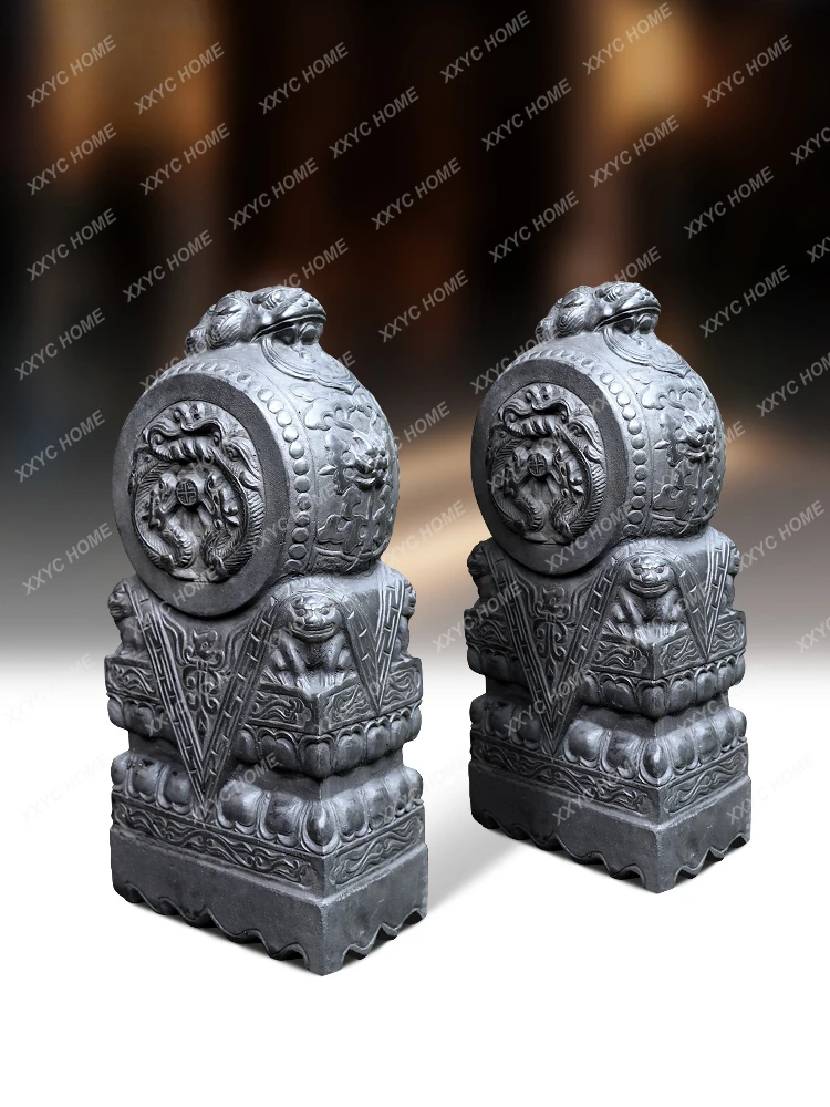 Chinese Style Stone Drum Gate Pier Lion's Head Stone One Pair Gate Floor Ornaments