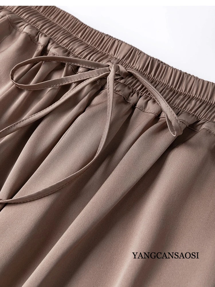 Vertical Naked Feeling 93% Natural Mulberry Silk Elastic Double Qiao Satin Elastic Waist Women's Fashionable Wide Leg Pants