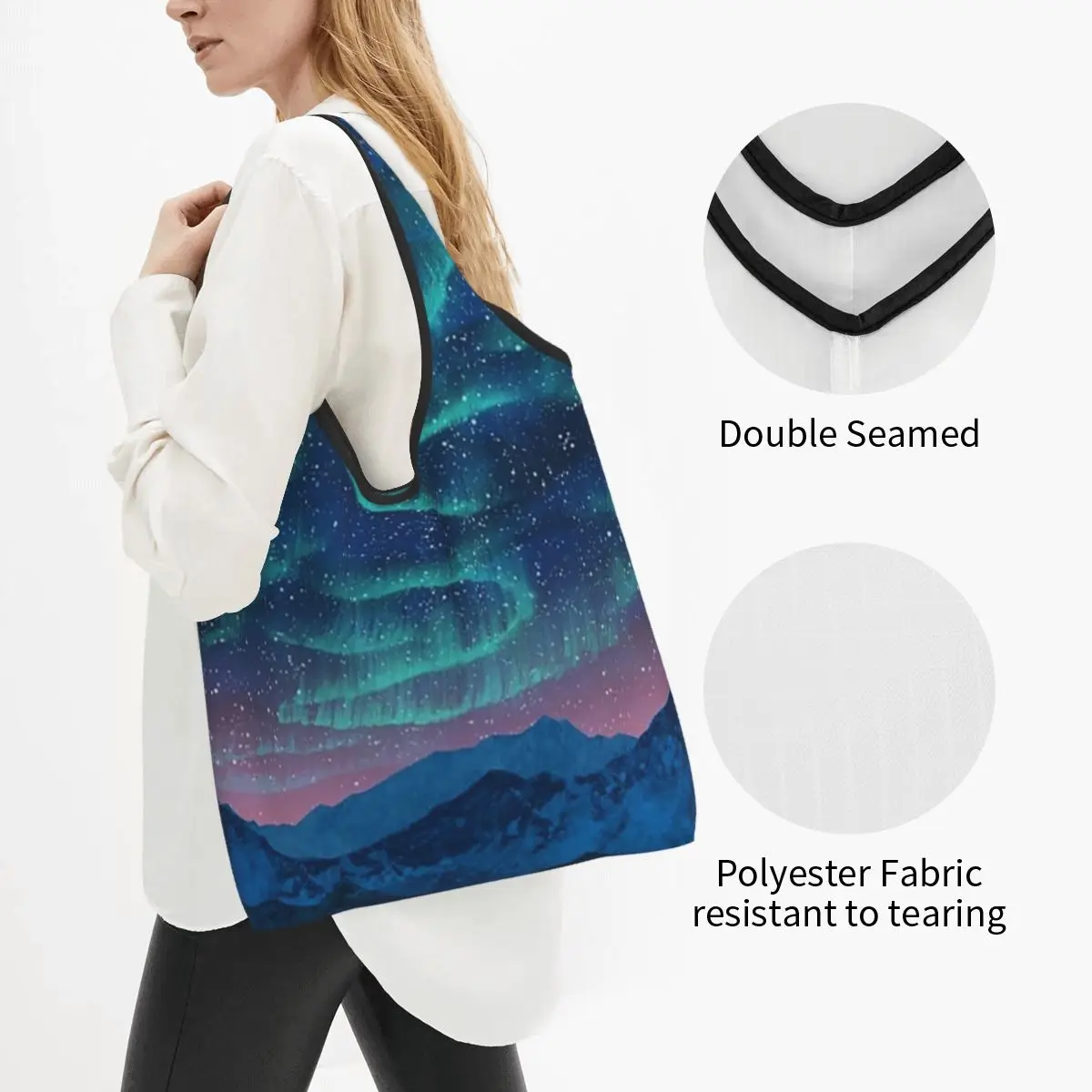 Aurora Borealis Over Mountain Portable Tote Shopping Bags Reusable Shopper Bag Grocery Handbag Shoulder Bag