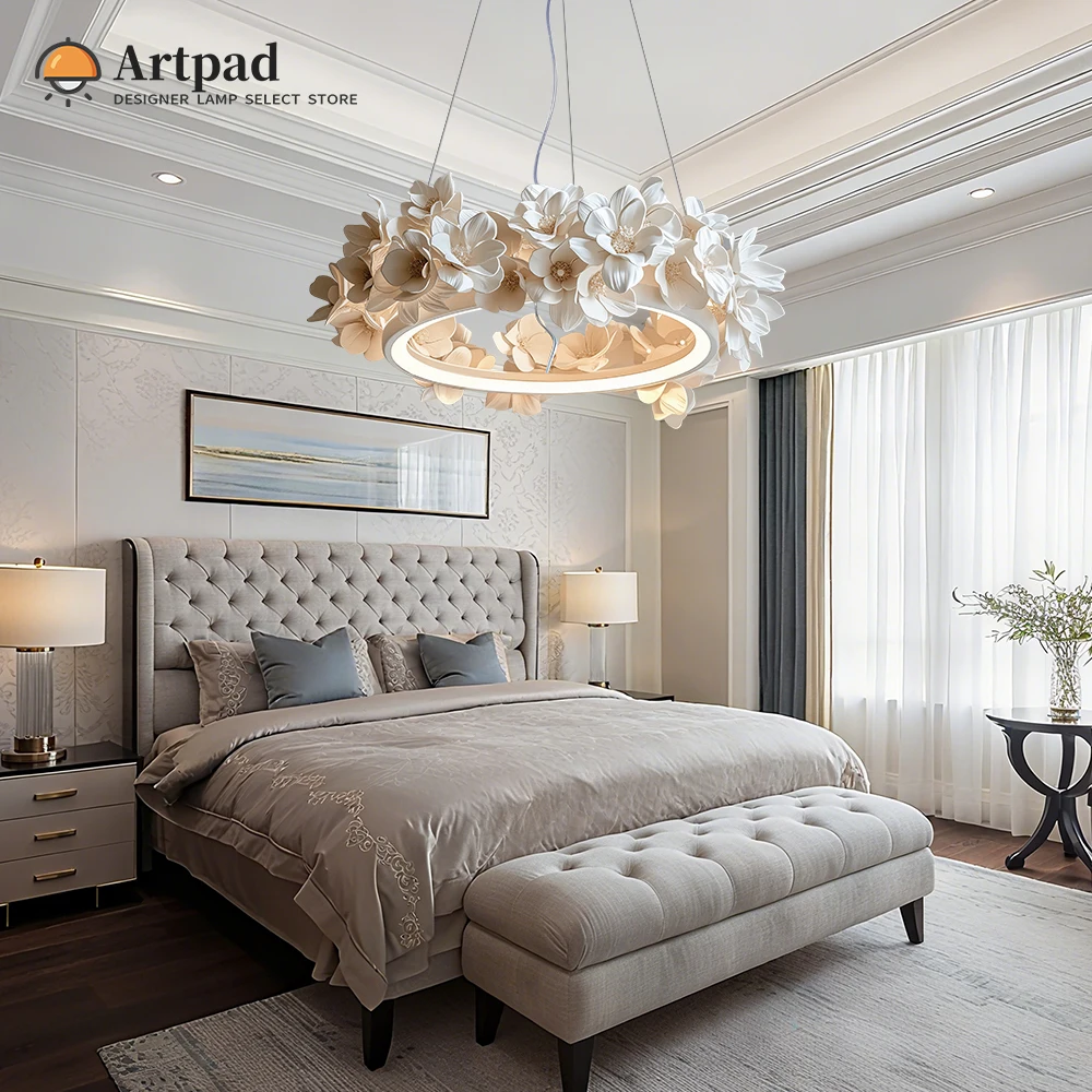 French Round Floral Pendant Lamp For Living Dining Room Kitchen Table Cream White Resin Hanging Light Double Layer Chandelier