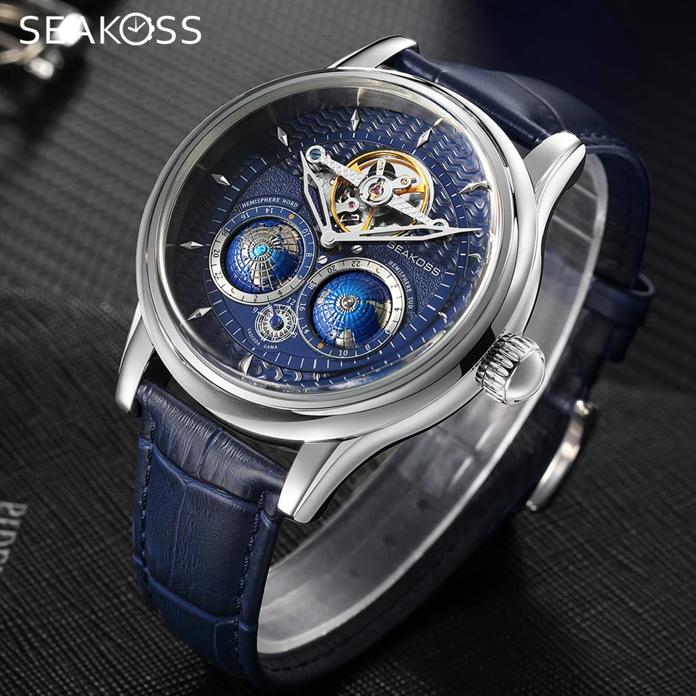 SEAKOSS شمال جنوب نصف الكرة الرجال ساعات أوتوماتيكية الدورية المزدوج الأرض حزام من الجلد الذكور ساعات المعصم الميكانيكية الموضة