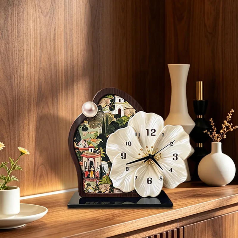 Mid-century style desktop ornament clock, wall-mounted high-end retro clock tabletop painting, creative floral silent wall clock