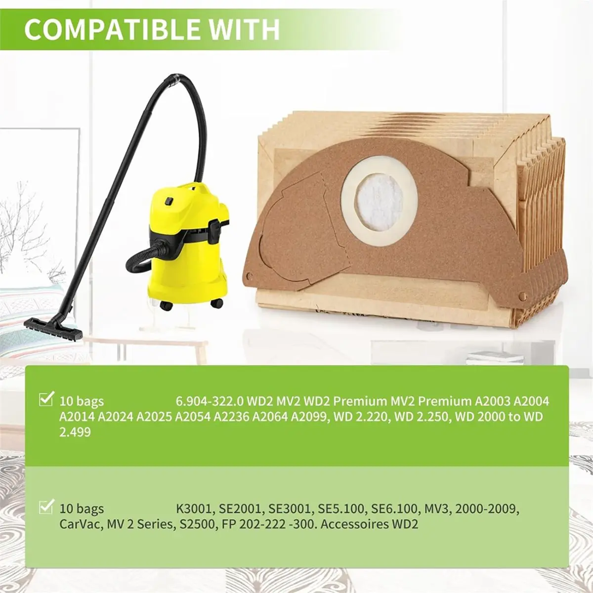 Paper Dust Bag for WD2 MV2 WD2200 WD2250 A2004 A2054 A2000 SE2001 SE5100 SE6100 Vacuum Cleaner, 6.904-322.0