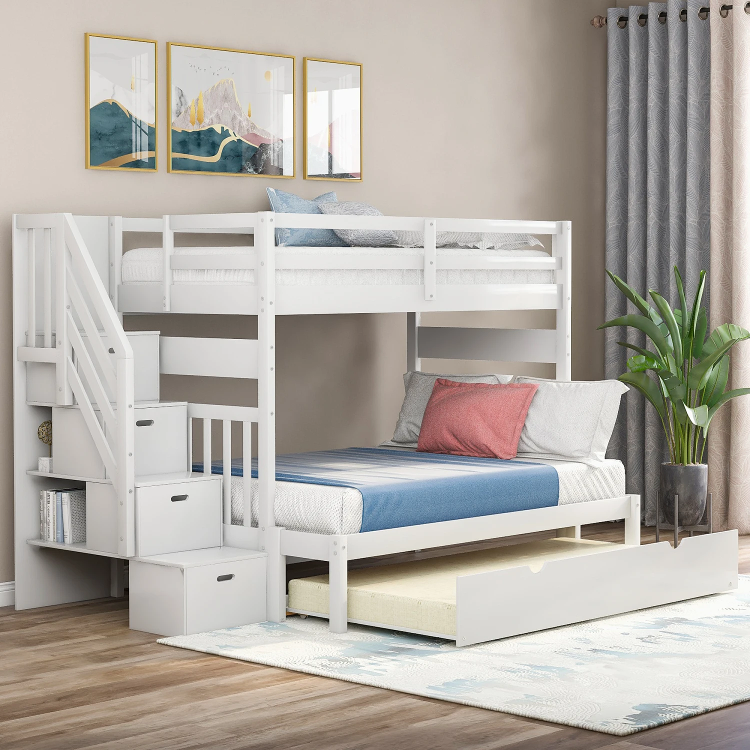 

Twin over Twin/Full Bunk Bed with Twin Size Trundle (White)(OLD SKU LP000025AAK)