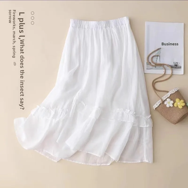 

Retro High Waist A-Line Skirt Women's Summer Cotton Linen f-length with Belt And Wooden Bells Versatile Pure Color Skirt