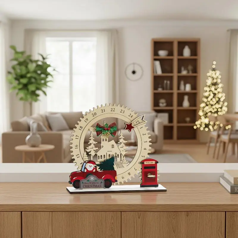 Wooden Christmas Advent Calendar Gear Design Santa Claus Truck Pendant Desktop Countdown Ornament Home Table Decor