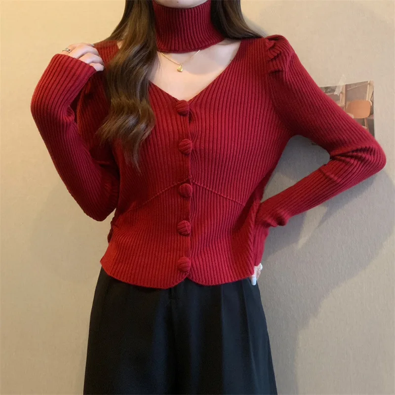 Spring and Autumn Women\'s V-neck Knitted Sweater Long Sleeved Shirt Halter Gentle and Fashionable Style Short Coat Top