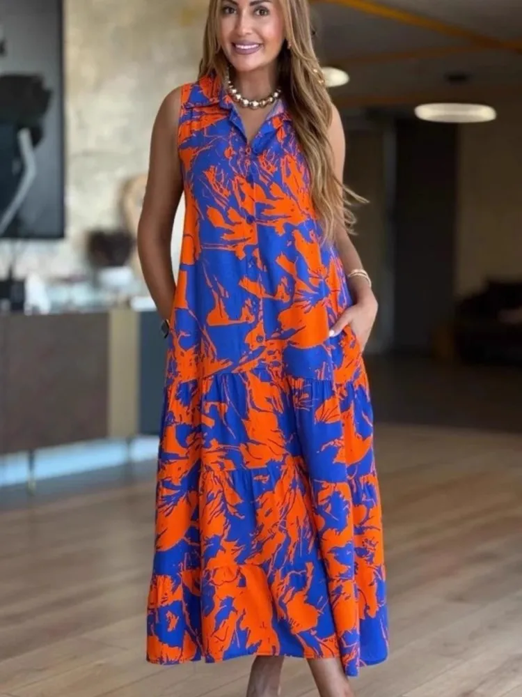New Summer Fashion V-neck Sleeveless Print Boho Dress Women's Elegant Casual Loose Beach Party Holiday Dresses Robe Femme