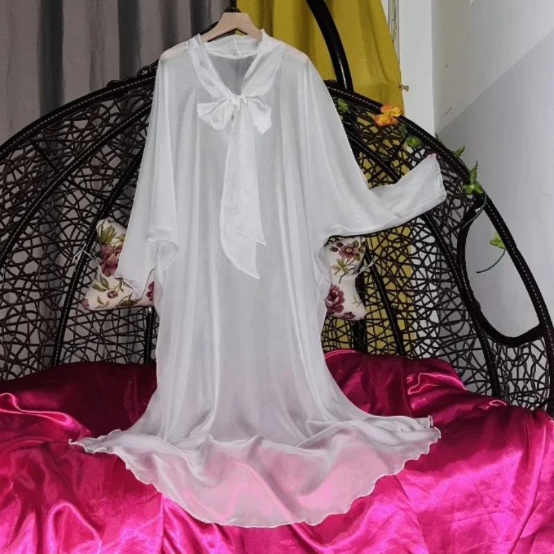 Super Soft Silky See Through Glossy Chiffon Long Dress Elegant Batwing Sleeve Night Dress Plus Size Loose Couple Home Nightgown