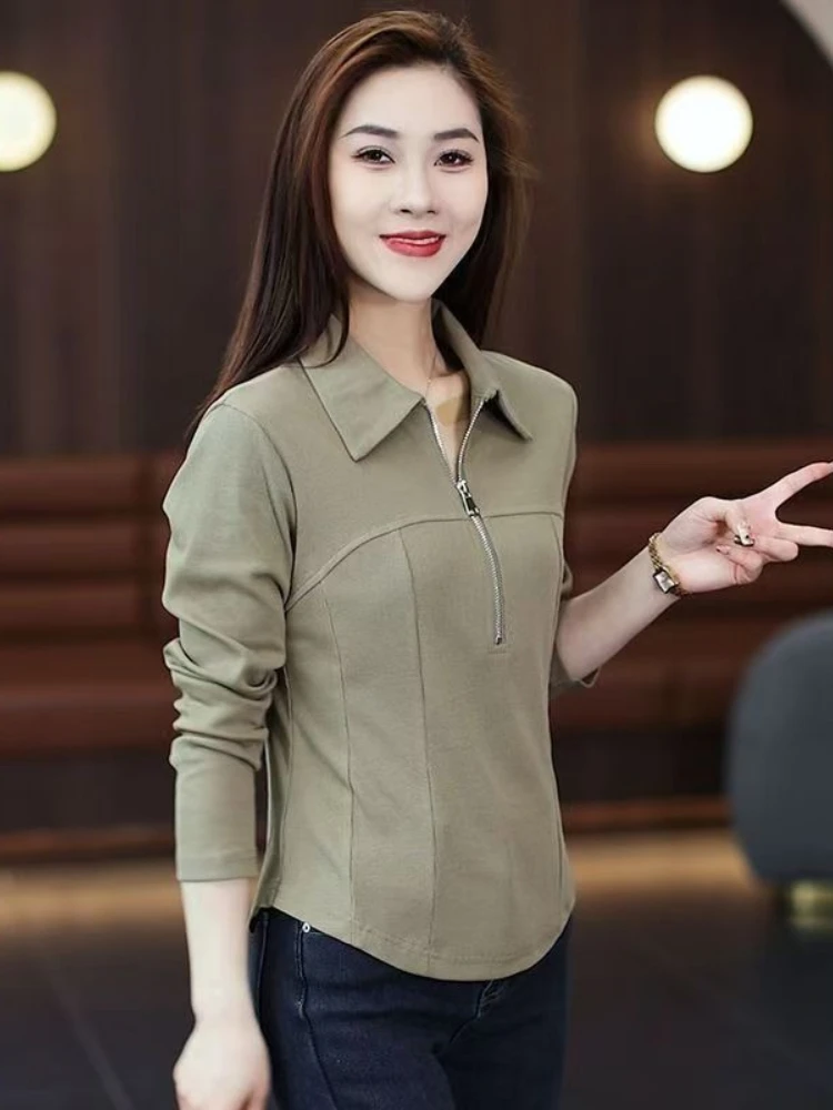 Women Polo Collar Long Sleeve T Shirt Half Zip Slim Fit Autumn Korean Style Petite Elegant Casual Solid Basic Top 2026 New