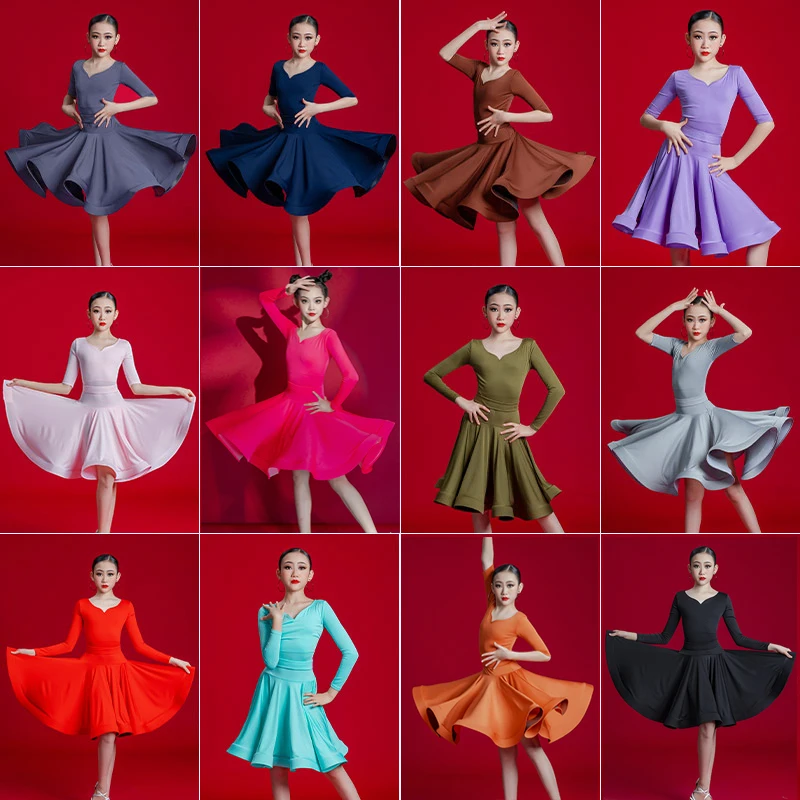 Dziecięca sukienka do ćwiczeń latynoamerykańskich na zamówienie, spódnica dla dziewcząt, strój do występów, strój do tańca liniowego, odzież konkursowa, top i spódnica, 2 sztuki