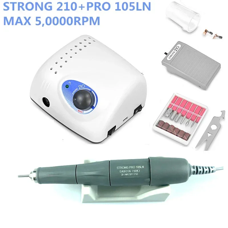 2024 New Arrival STRONG 210 PRO 105 105L Handpiece 65W 45000/500000rpm Nail Drills Manicure Machine Pedicure Electric File Bits