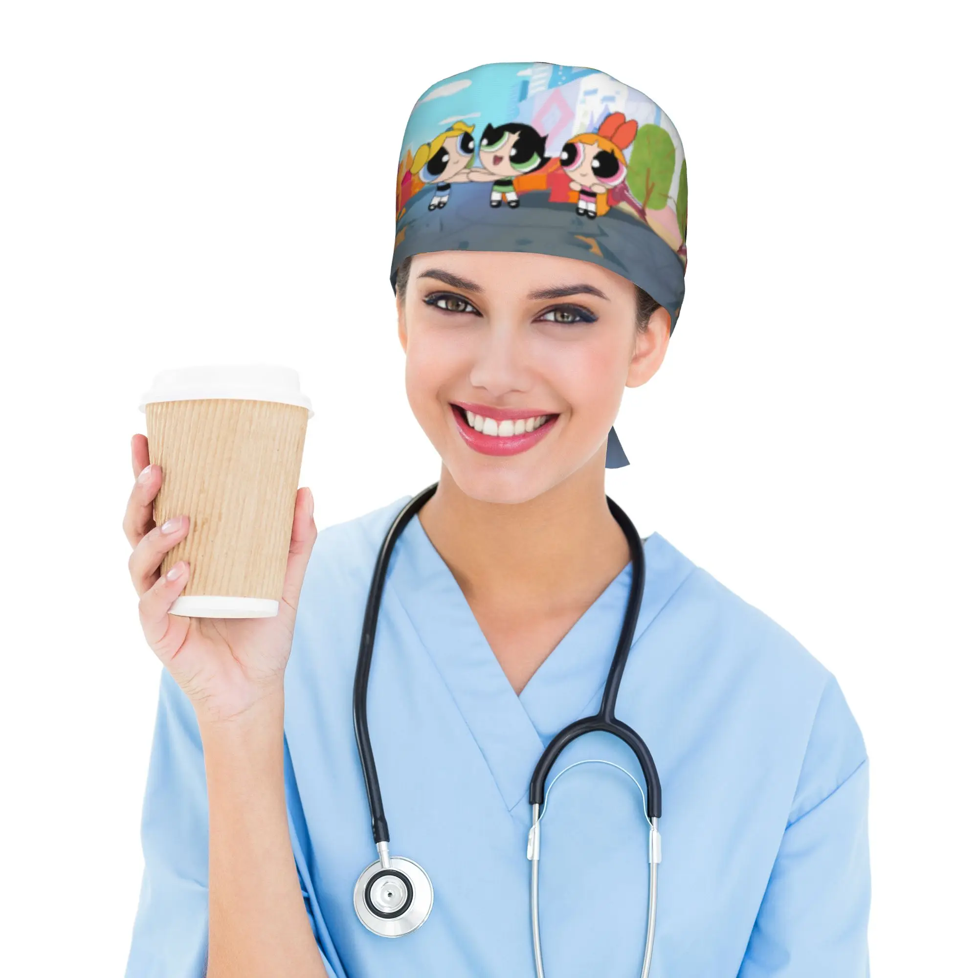 Custom Poweres Anime Puffes Breathable Nursing Work Cap Surgical Scrub Caps Unisex Nursing Hair Hats Cartoon Work Scrubs Hat