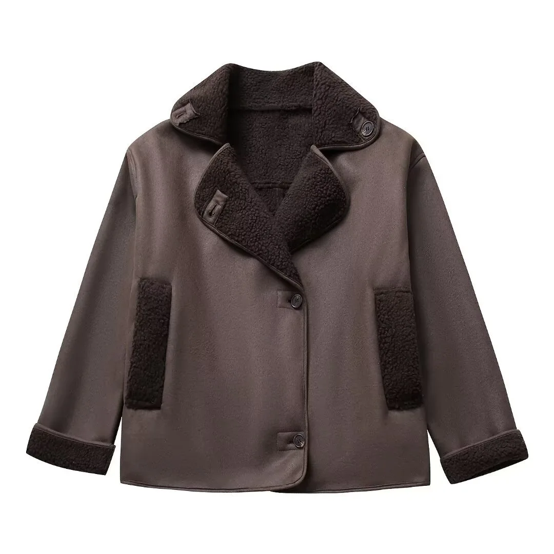 

Women's Thick Imitation Leather Jacket, Retro Warm Collar, Slanted Buckle, Loose Pocket, Solid Color Jacket, Winter