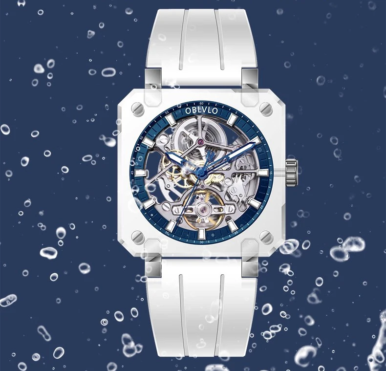 

OBLVLO Мужские автоматические часы 41,8 мм Квадратный акриловый корпус Механические наручные часы 5ATM Сапфировый светящийся скелетонизированный циферблат 1A00 Mov.