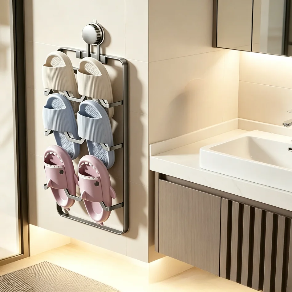 Carbon Steel Suction Cup Slipper Rack Punch‑Free Wall Mounted Slipper Holder Multi‑Tier Space Saver Bathroom Behind‑Door Shoe Or