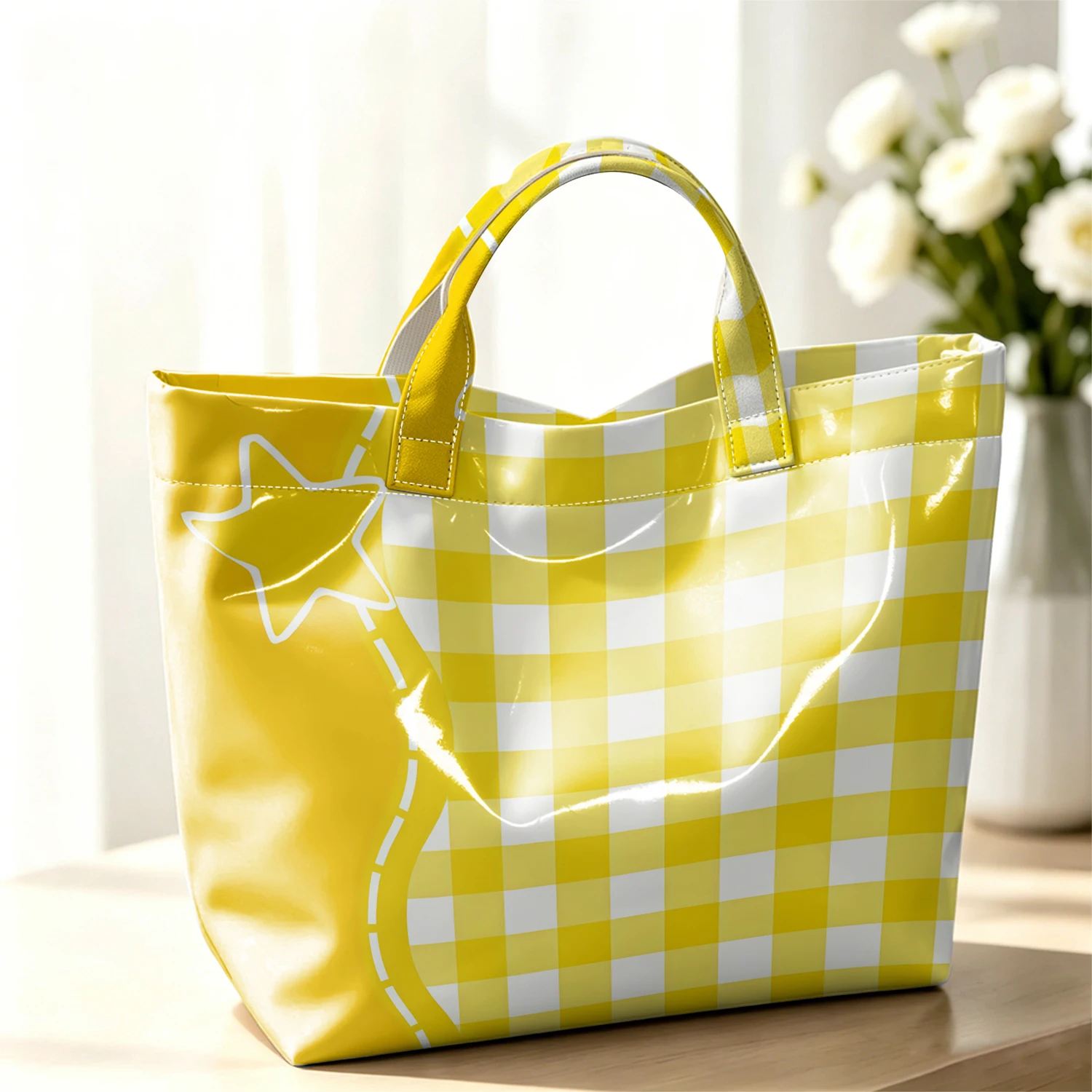 Yellow Gingham Star Stylish Large Glossy PVC Tote Bag Washable Waterproof Durable Ideal for Travel Commute Cosmetics Handbags