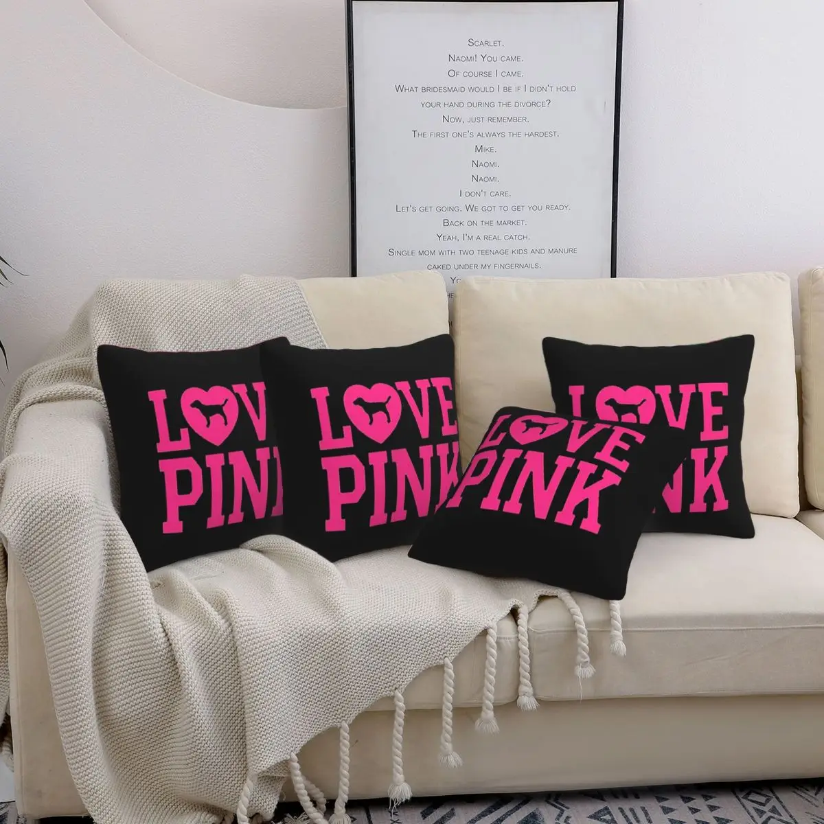 Love Pink 4pcs Square Pillowcase Cushion Cover Decorative Pillow Case Throw Pillow Cover for Home Sofa Living Room