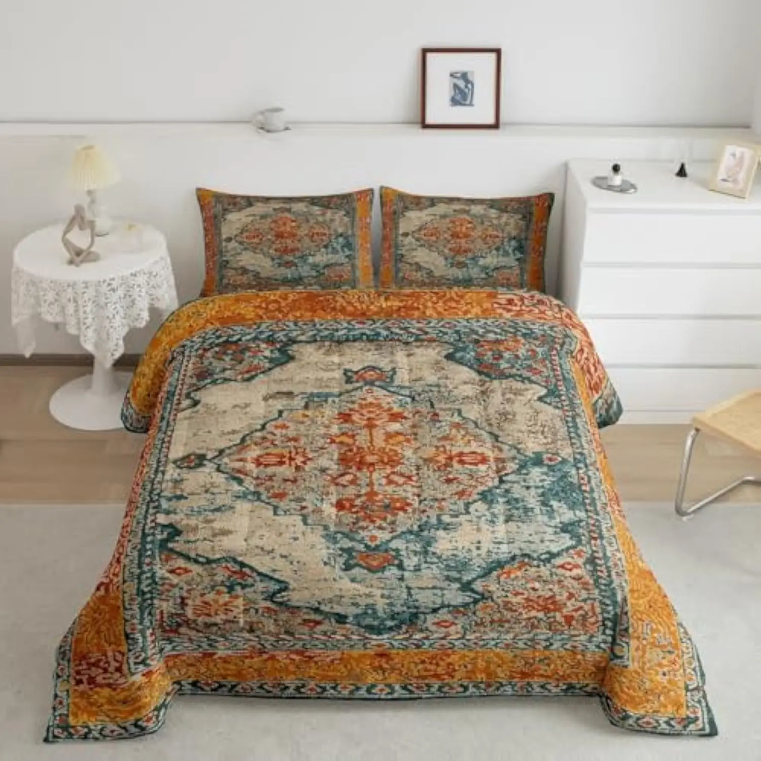 

Bohemian Comforter Set Queen,Ethnic Oriental Pattern Bedding,Distressed Southwestern Tribal Flower Down Comforter,Indian Medal