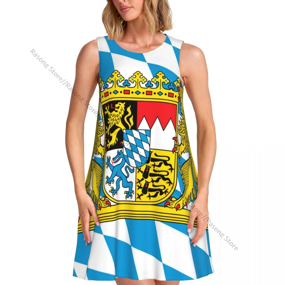 ชุดเดรสสตรีฤดูร้อนชุดลําลองเสื้อยืดชายหาดปกคลุมบาวาเรียกับชุดถังธงสิงโต