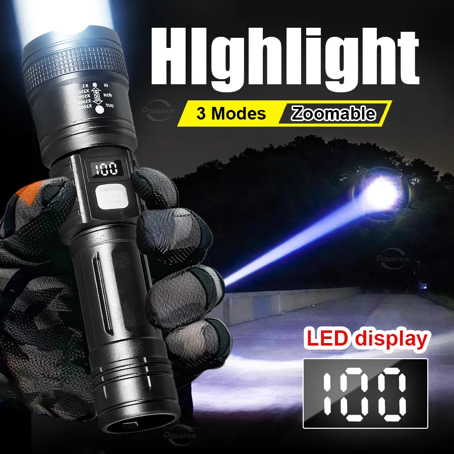 

XHP50 High Power Rechargeable LED Tactical Flashlight Strong Light Telescopic Zoom ABS Torch Lamp for Outdoor Camping Fishing