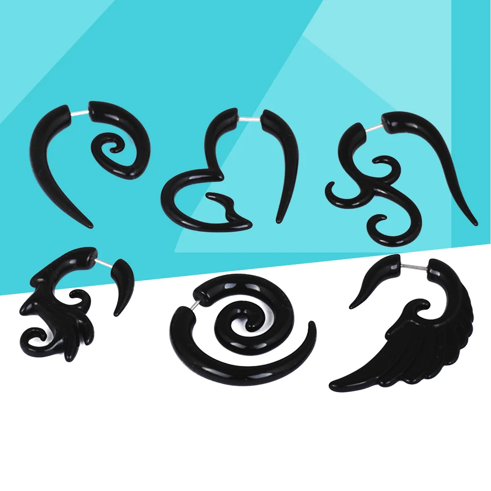 

6pcs Black Acrylic Winged Spiral Stretcher Fake Plug Ear Expander Tribal Style Piercing Taper Angel Wing Design For Men Women