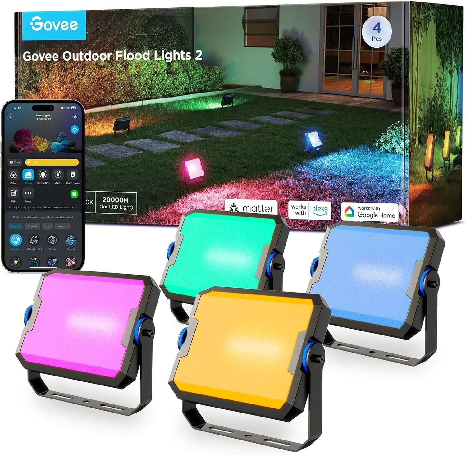 Outdoor RGBIC Flood Lights, 50+ Scene Modes, IP66 Waterproof, App & Voice Control, Warm to Cold White, 4-Pack for Garden Decor