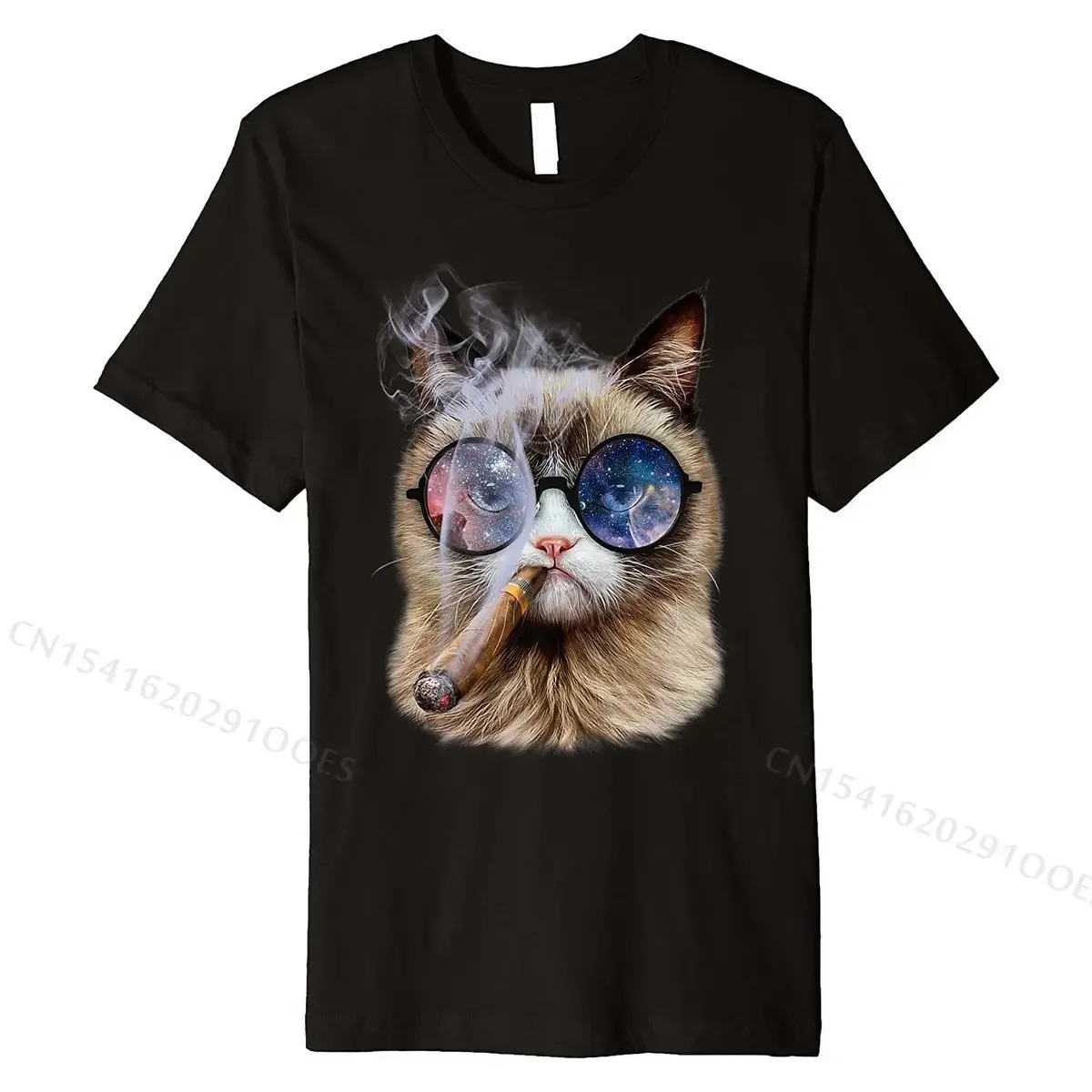 Bad Siamese Cat in Space Galaxy Eyeglass, Puff Cigar T-Shirt Hip Hop cosie T Shirts Cotton Men Tops Shirts cosie