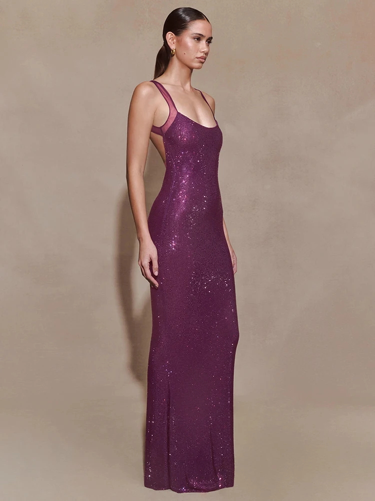 

Purple Diamonds Mesh Patchwork Maxi Dresses – Sexy Bodycon Mermaid Gown with Rhinestone Shimmer Party & Formal Event Dress